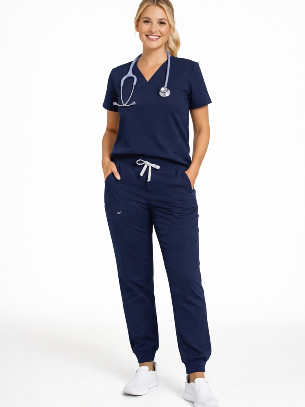 Figs women’s Navy Jogger Scrub Pants with Gray Drawstring